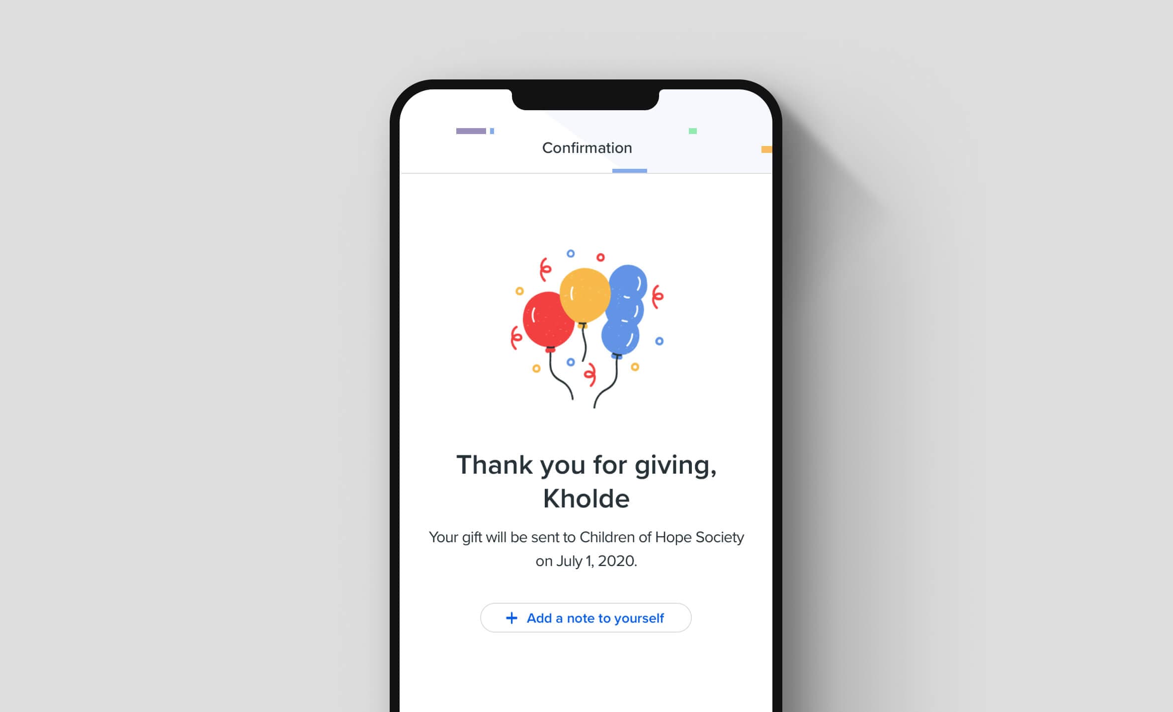 The confirmation screen from the core giving flow is in focus.