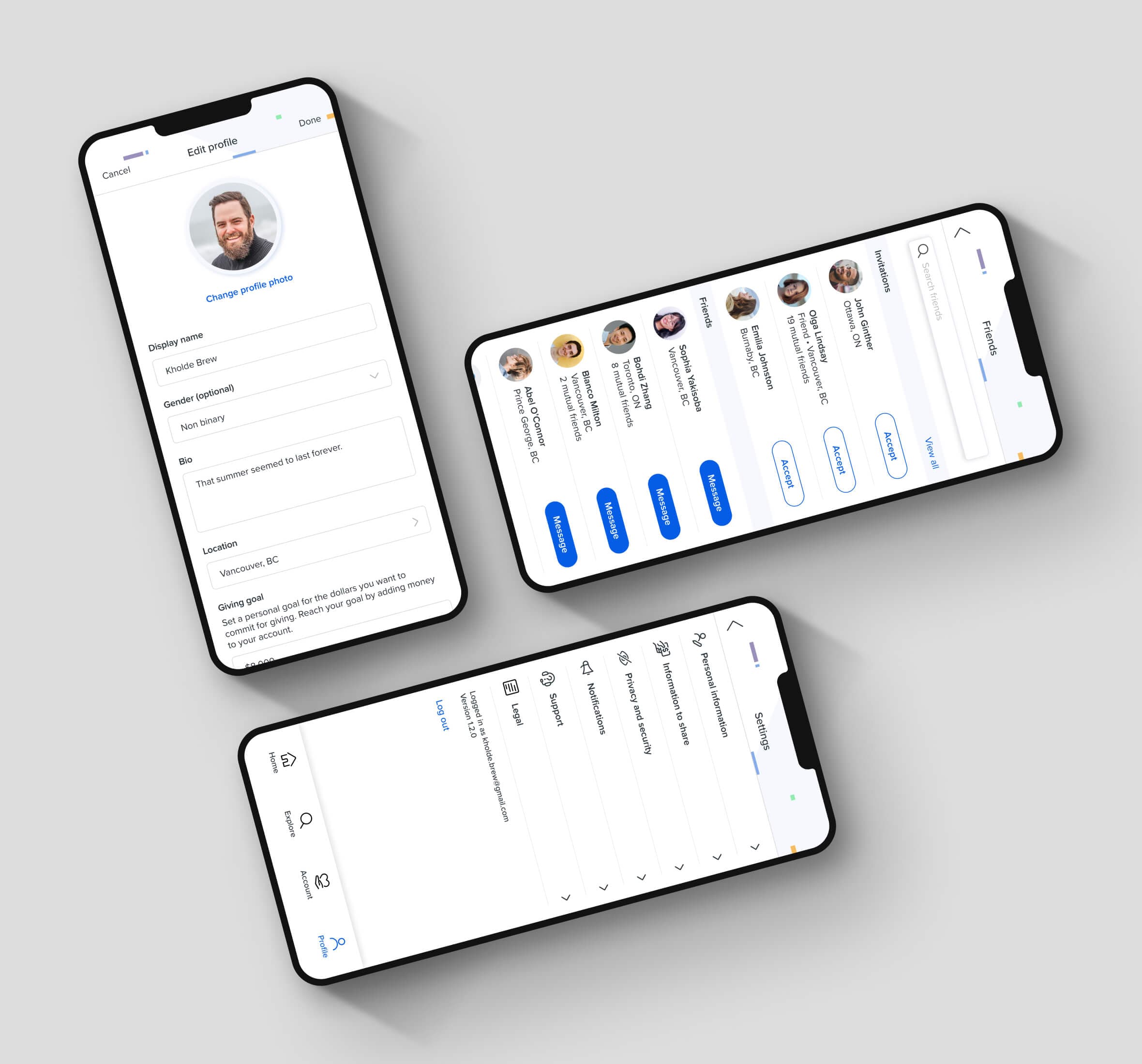 User profiles. Three devices shown beside each other. Each device shows a unique screen from the user profile editing flow.