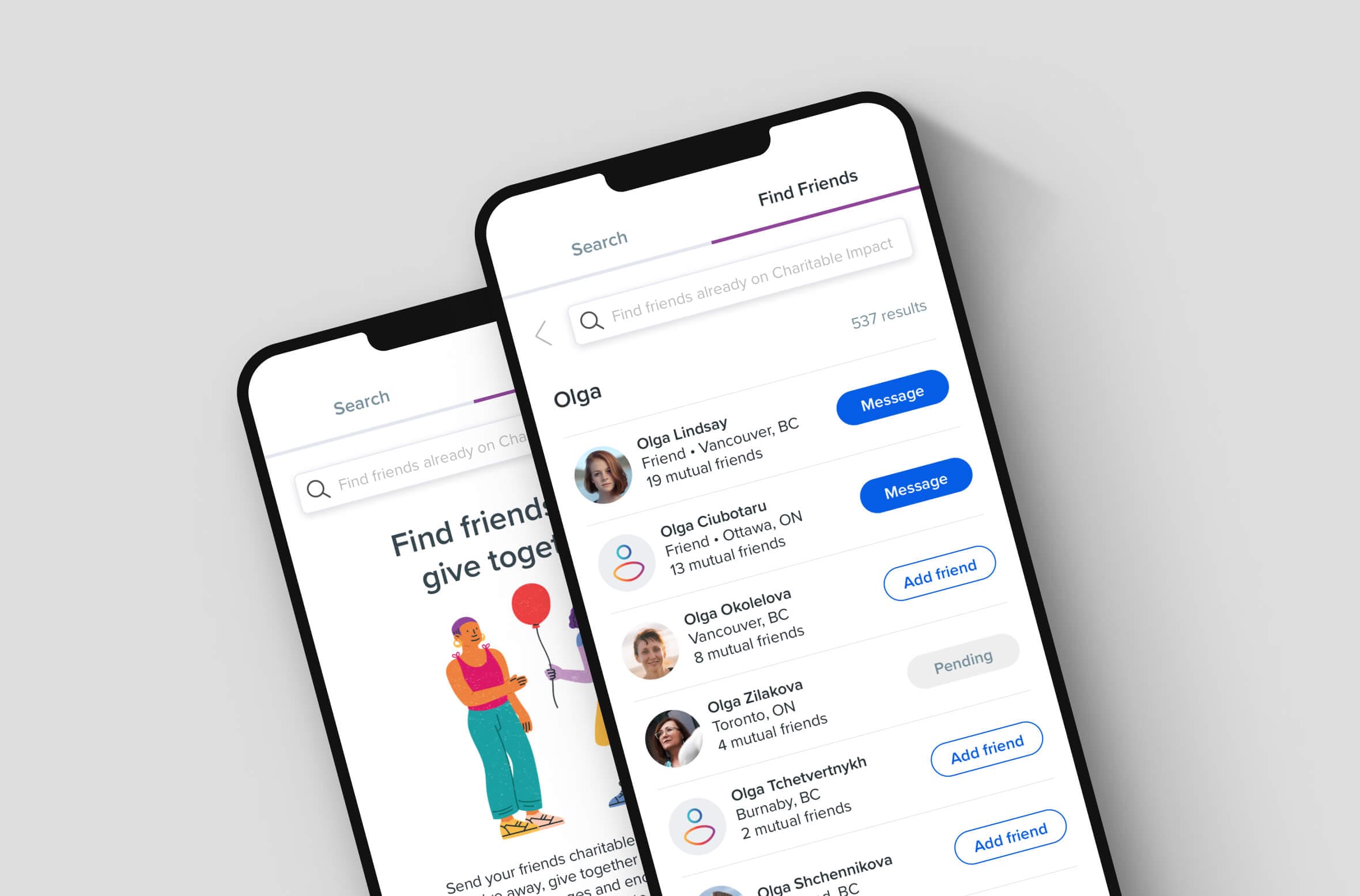 Two devices show screens with friend discovery feature and an empty state.