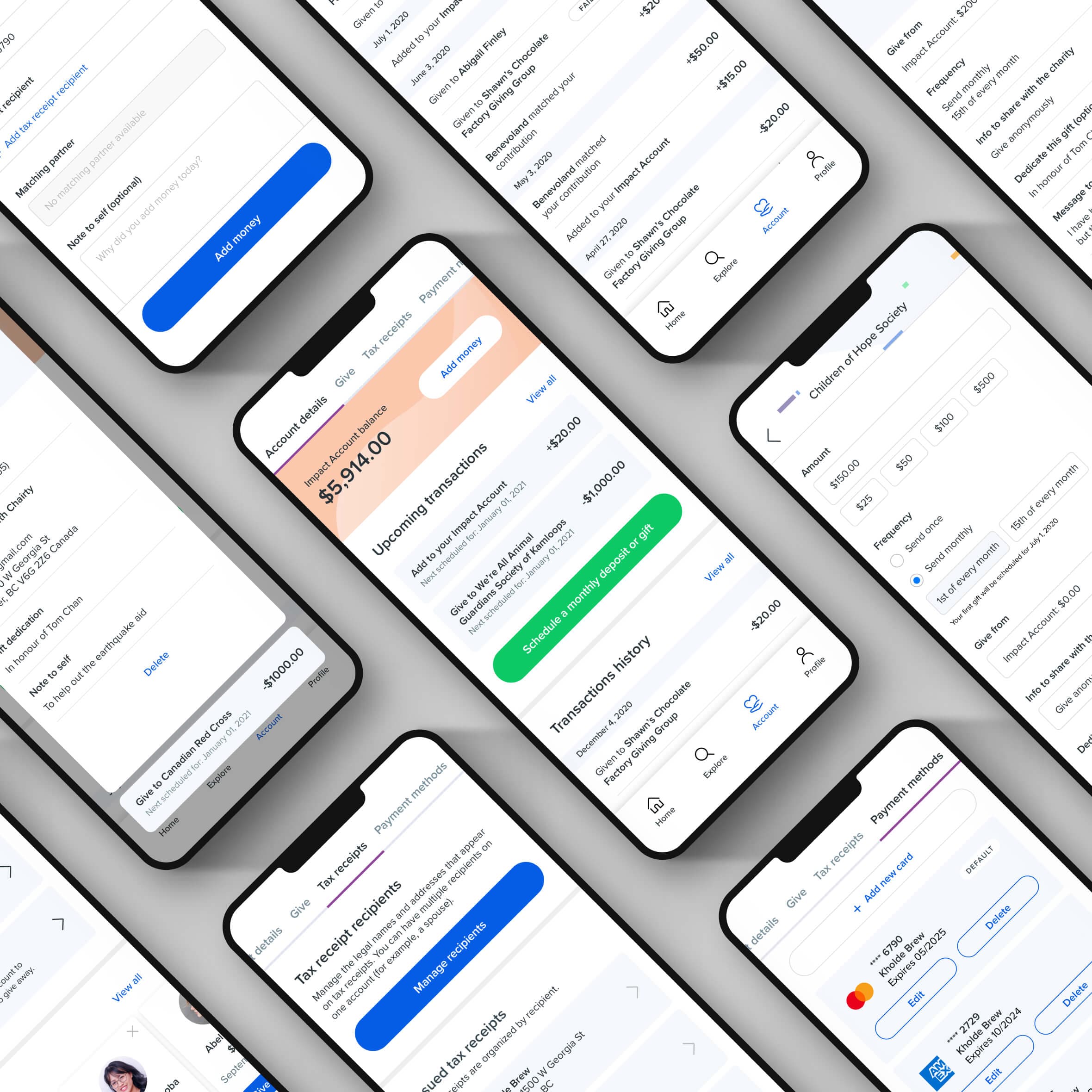 Giving flow. Multiple devices shown beside each other. Each device shows a unique screen from the core giving flow.