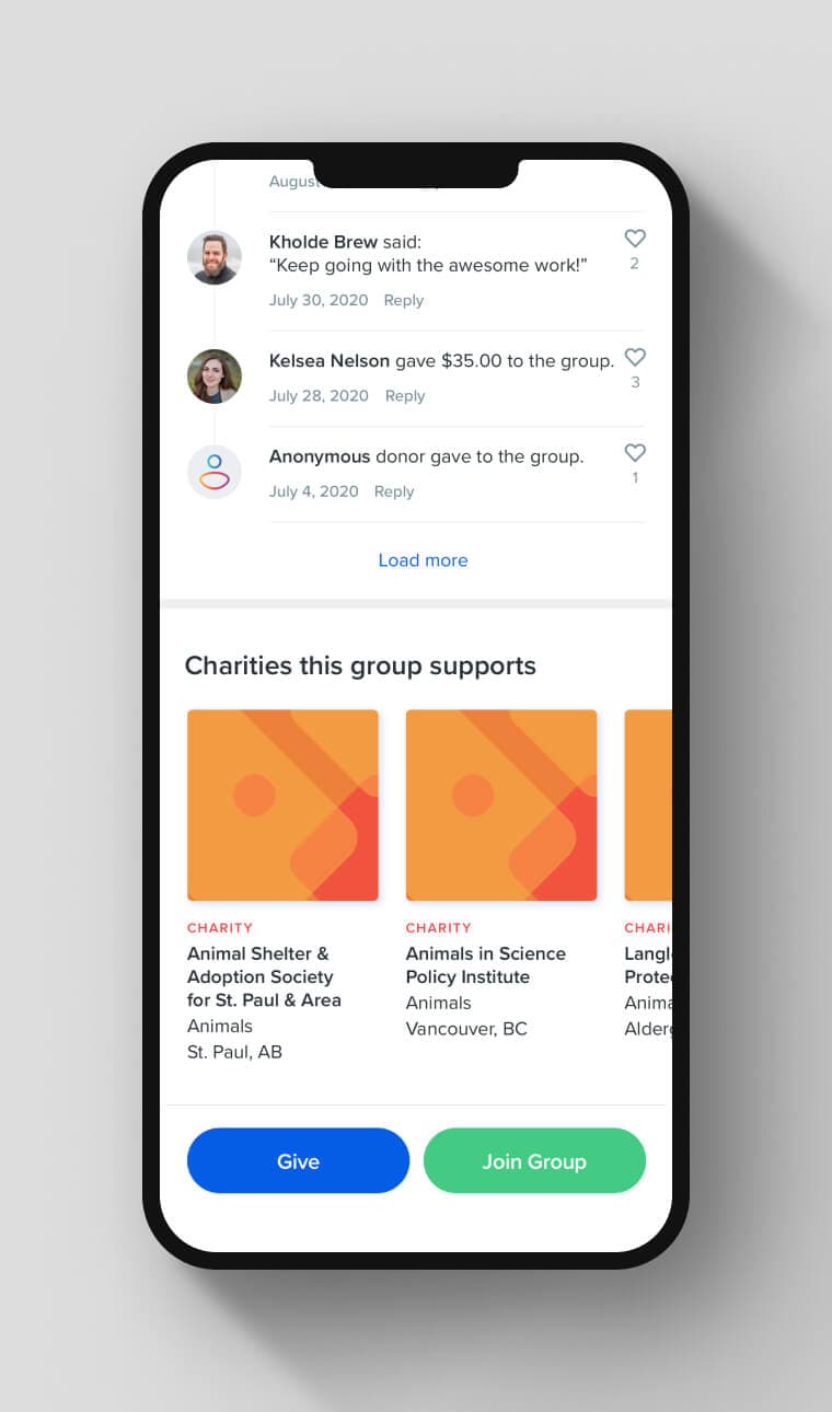 Giving Groups. A Giving Group with a dynamic feed of charities the group supports is in focus.