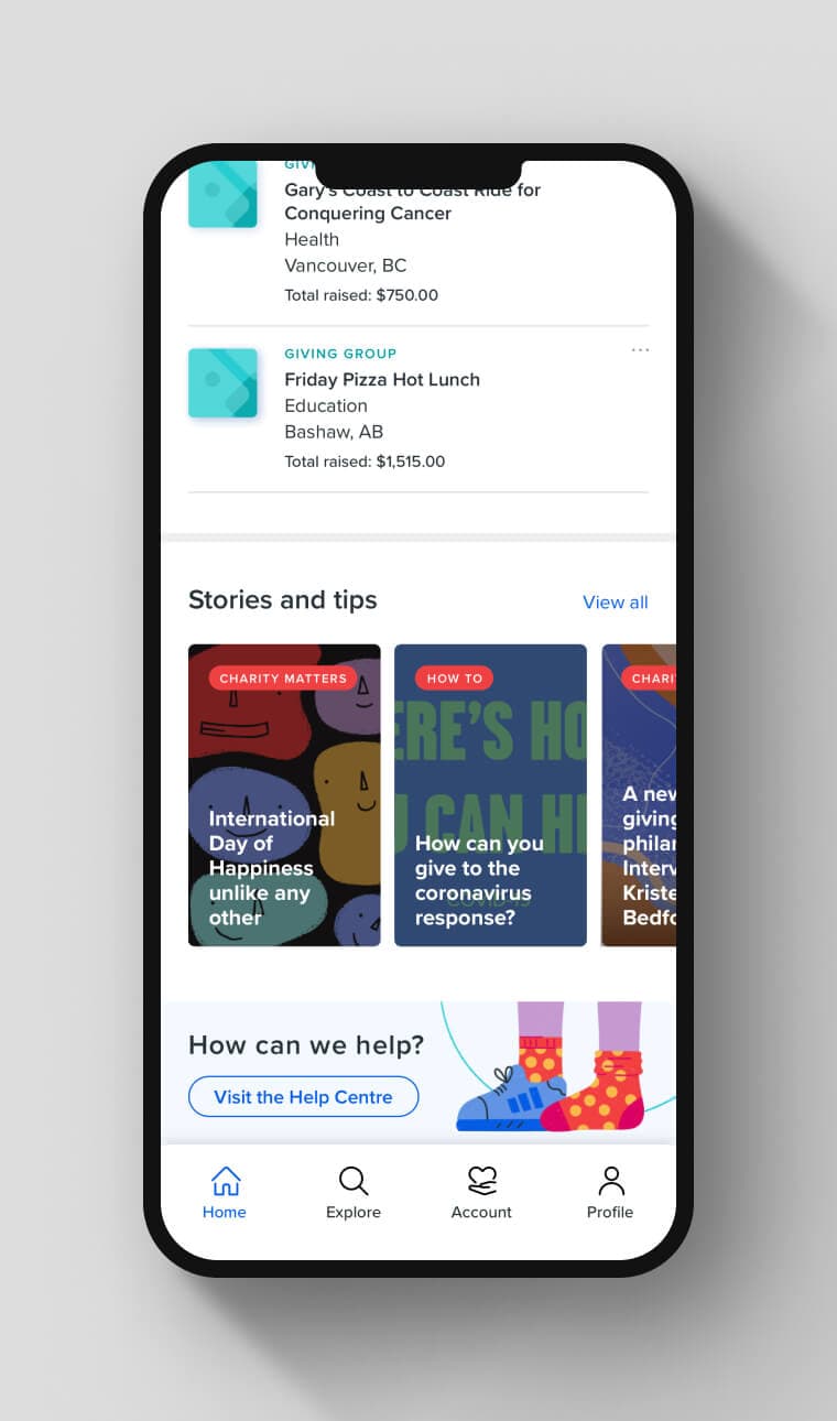 The Impact Account home screen with the Stories and tips dynamic marketing RSS feed in focus.