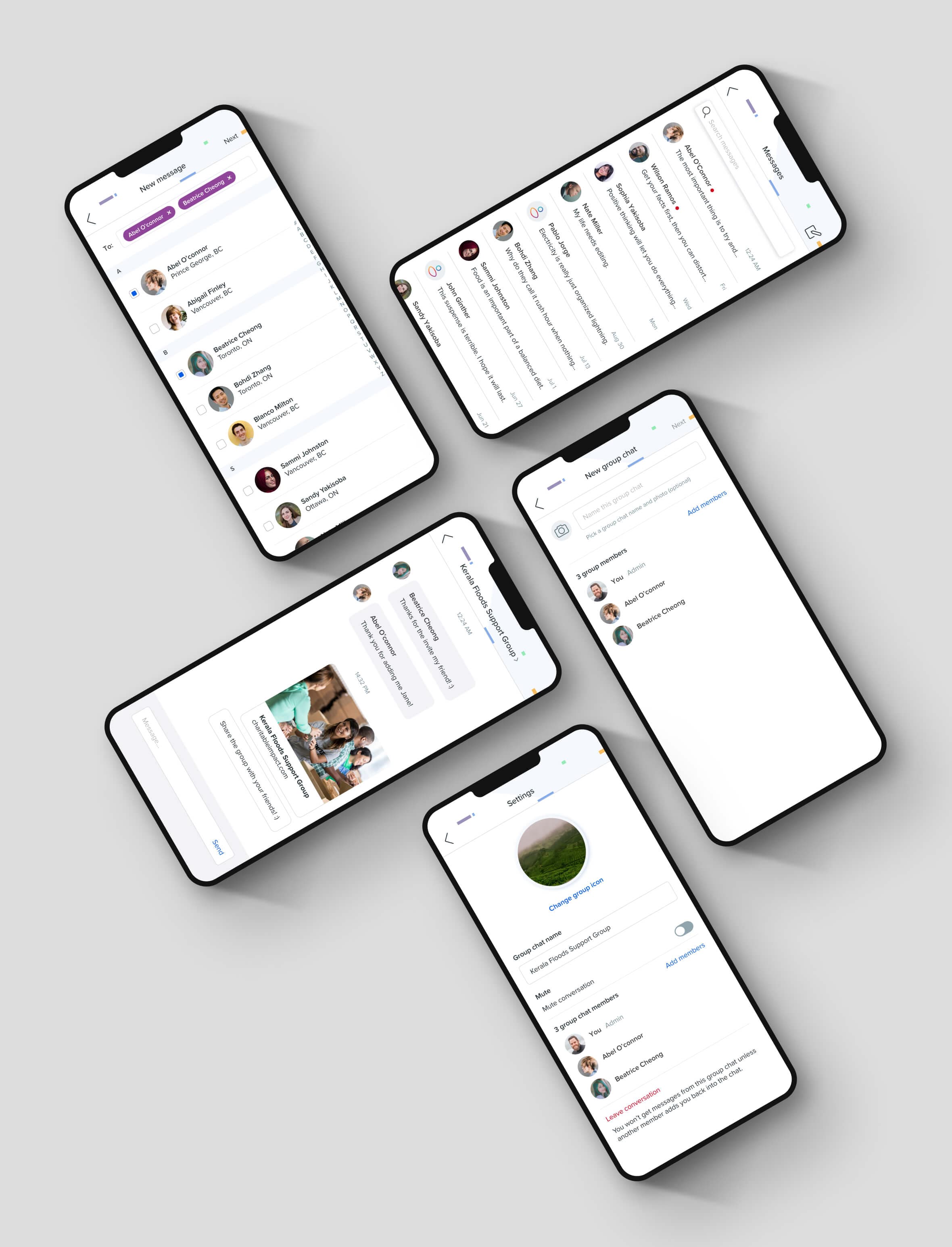 Messages. Five devices shown beside each other. Each device shows a unique screen from peer-to-peer message interactions.