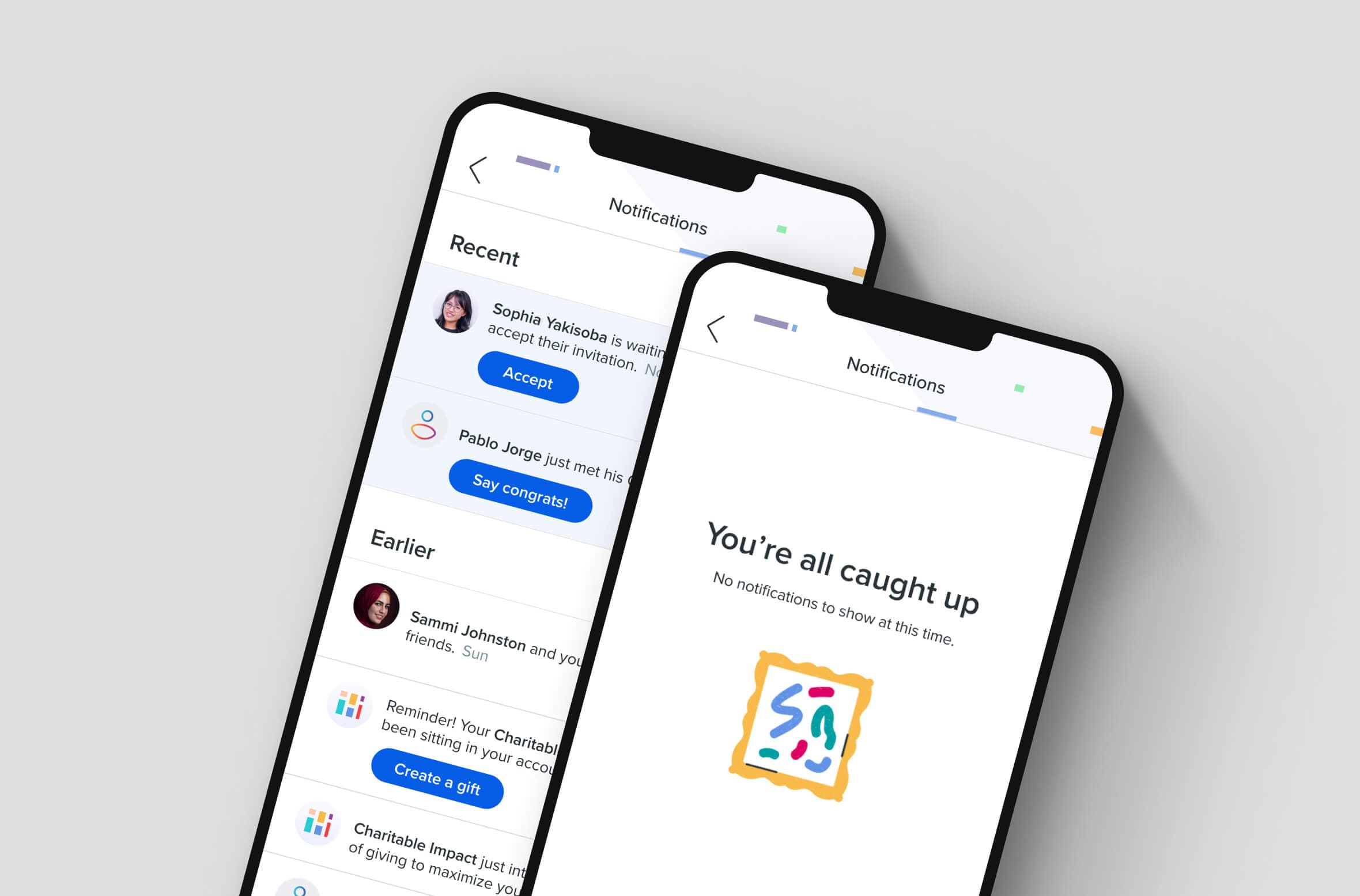 Two devices show screens with unread notifications and an empty state.