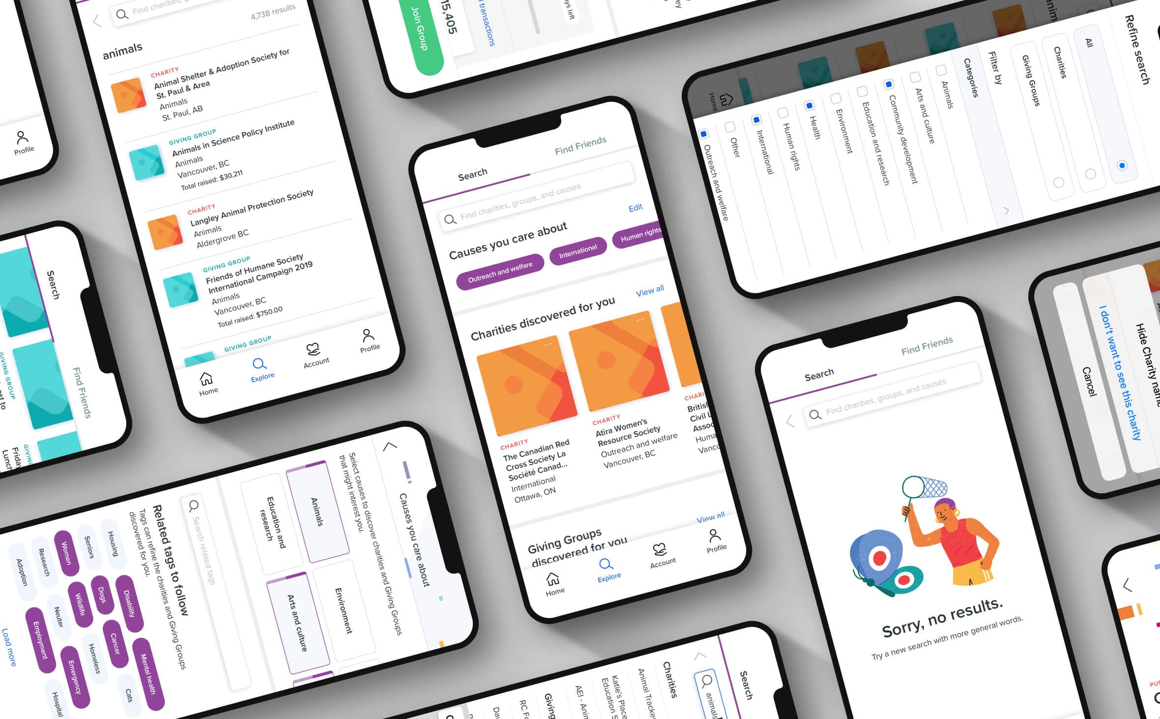 Search feature. Multiple devices shown beside each other. Each device shows a unique screen from the search feature of the Impact Account app.