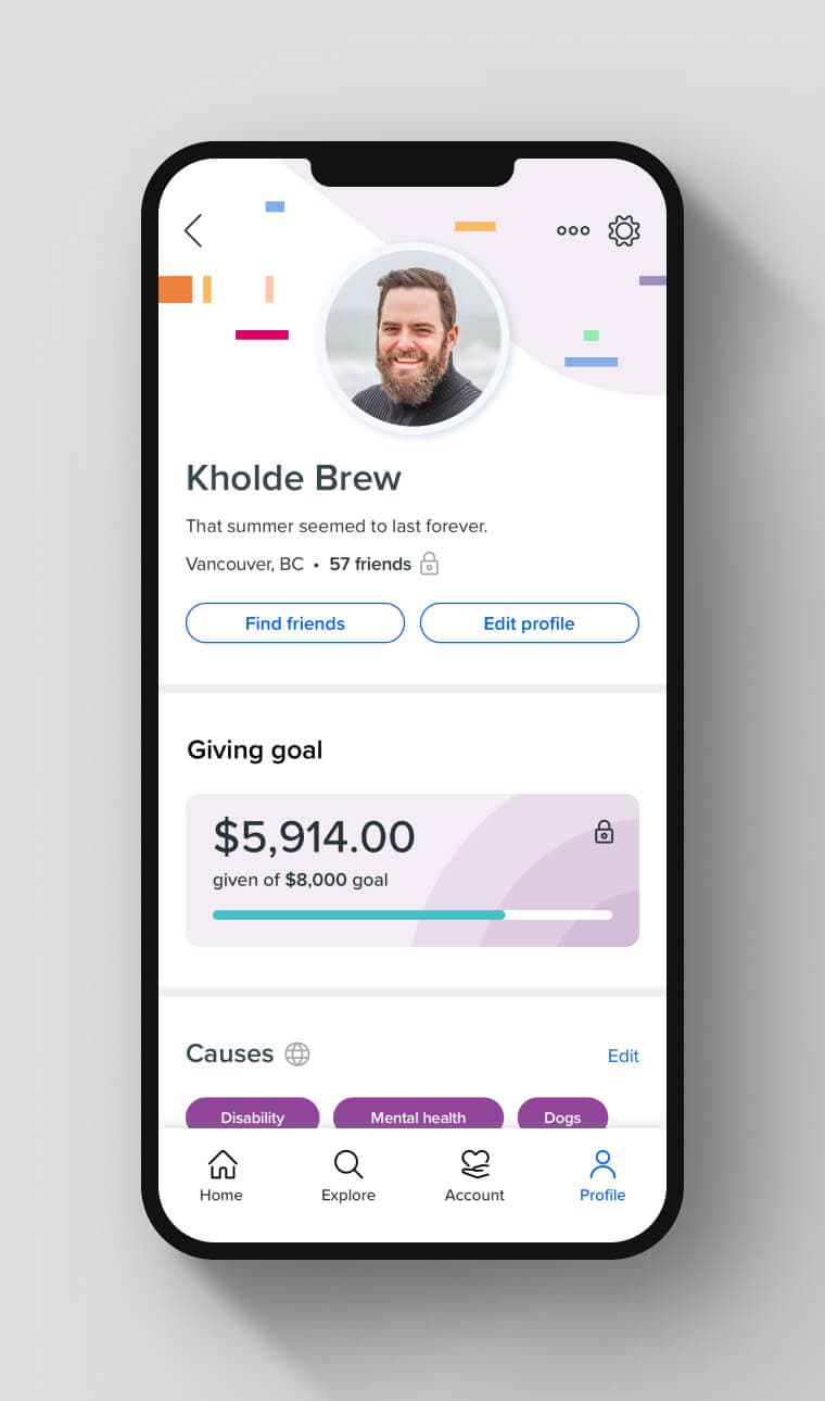 User profiles. A users profile with top level metadata and a giving goal is in focus.