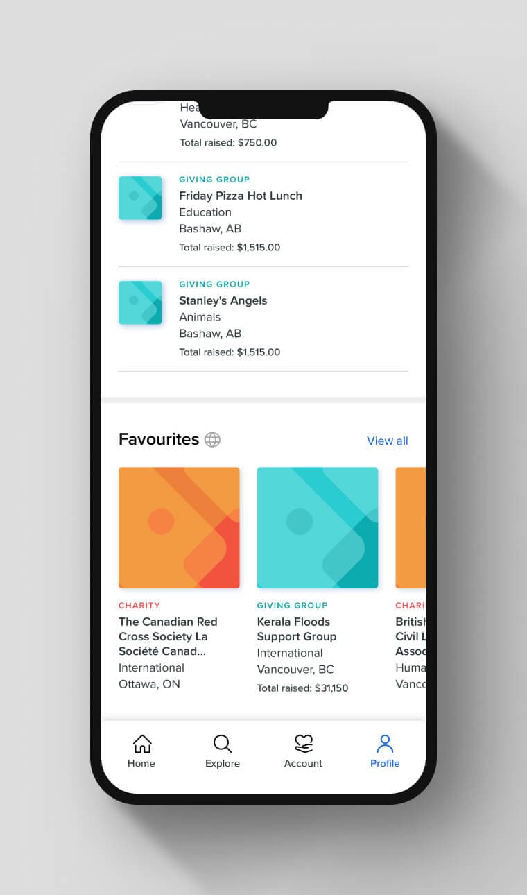 User profiles. A users profile with a list of their favourite charities is in focus.