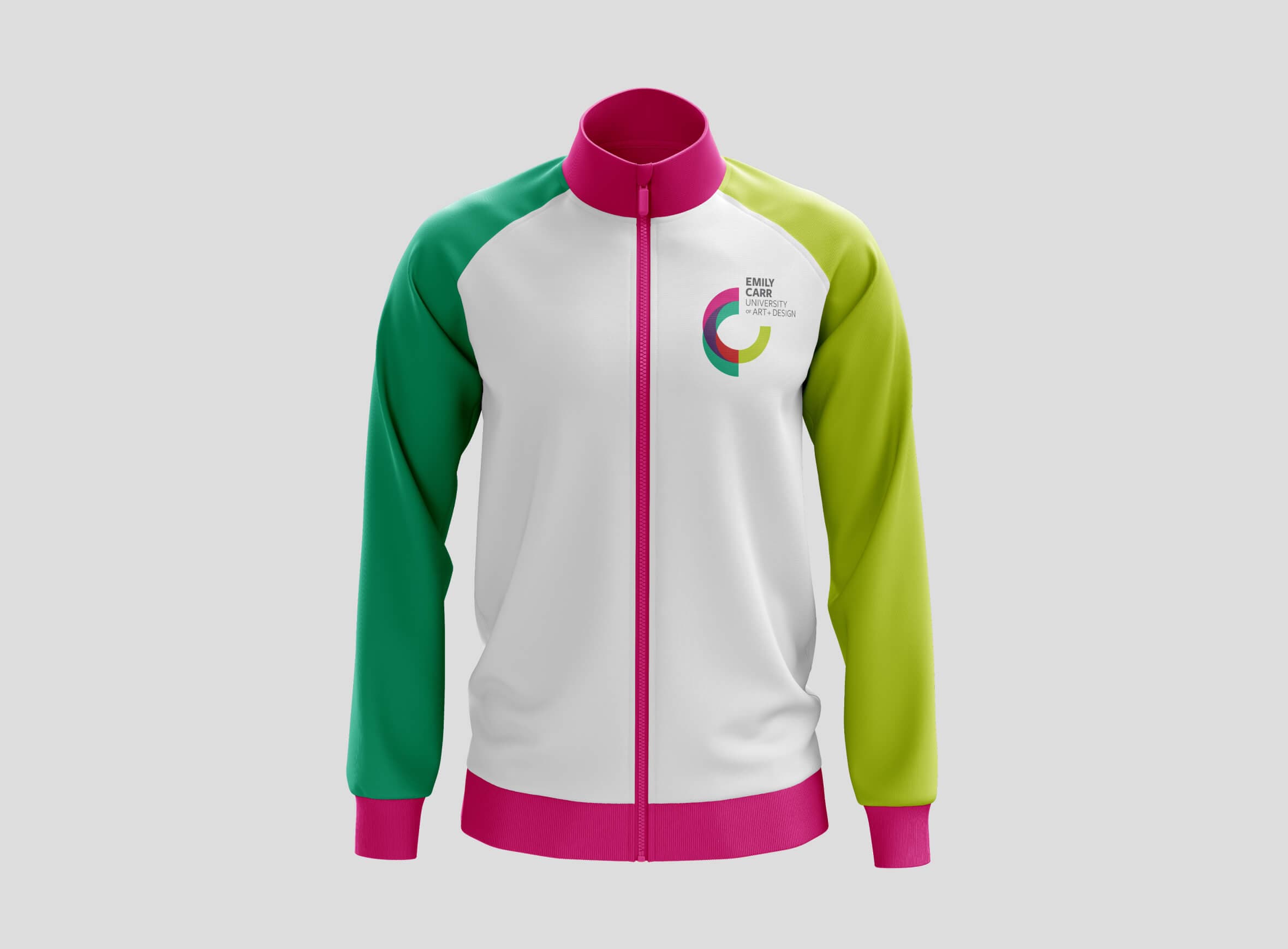 Mockup of a conceptual sports training jacket which draws from brand elements from Shawns alma mater, Emily Carr University of Art + Design.