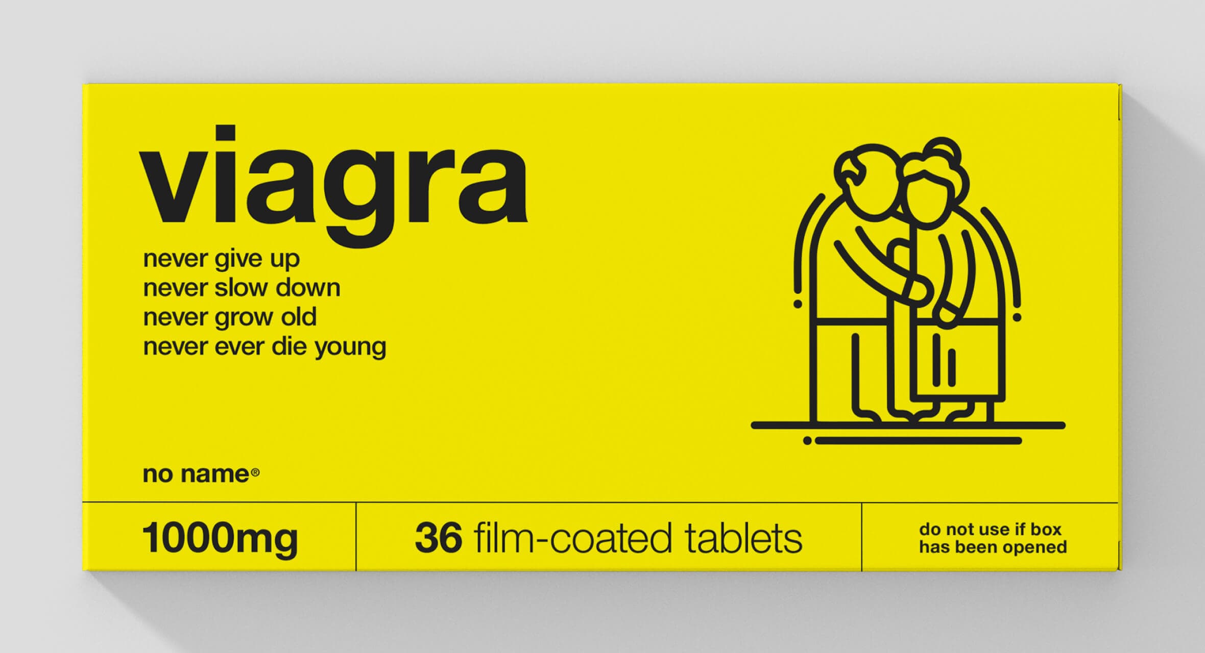 Mockup of a Viagra pharmaceutical pill box parodying the No Name brand identity. Inspired by the juxtaposition of No Name brands cost effective products in contrast to big pharmas costly products, Shawn imagined what such product packaging could look like.