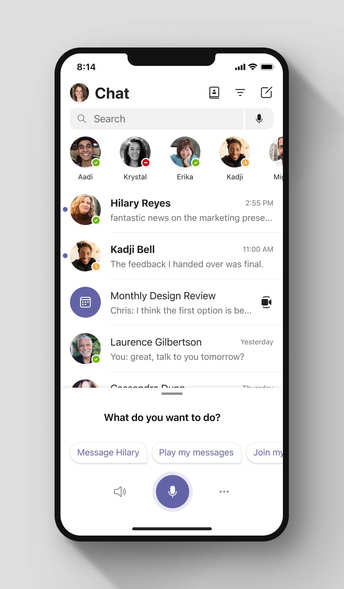 Message list on a Teams Mobile application with a list of chats from different senders, each accompanied by their profile pictures. At the bottom, theres a voice assistant interface with tappable suggestions.