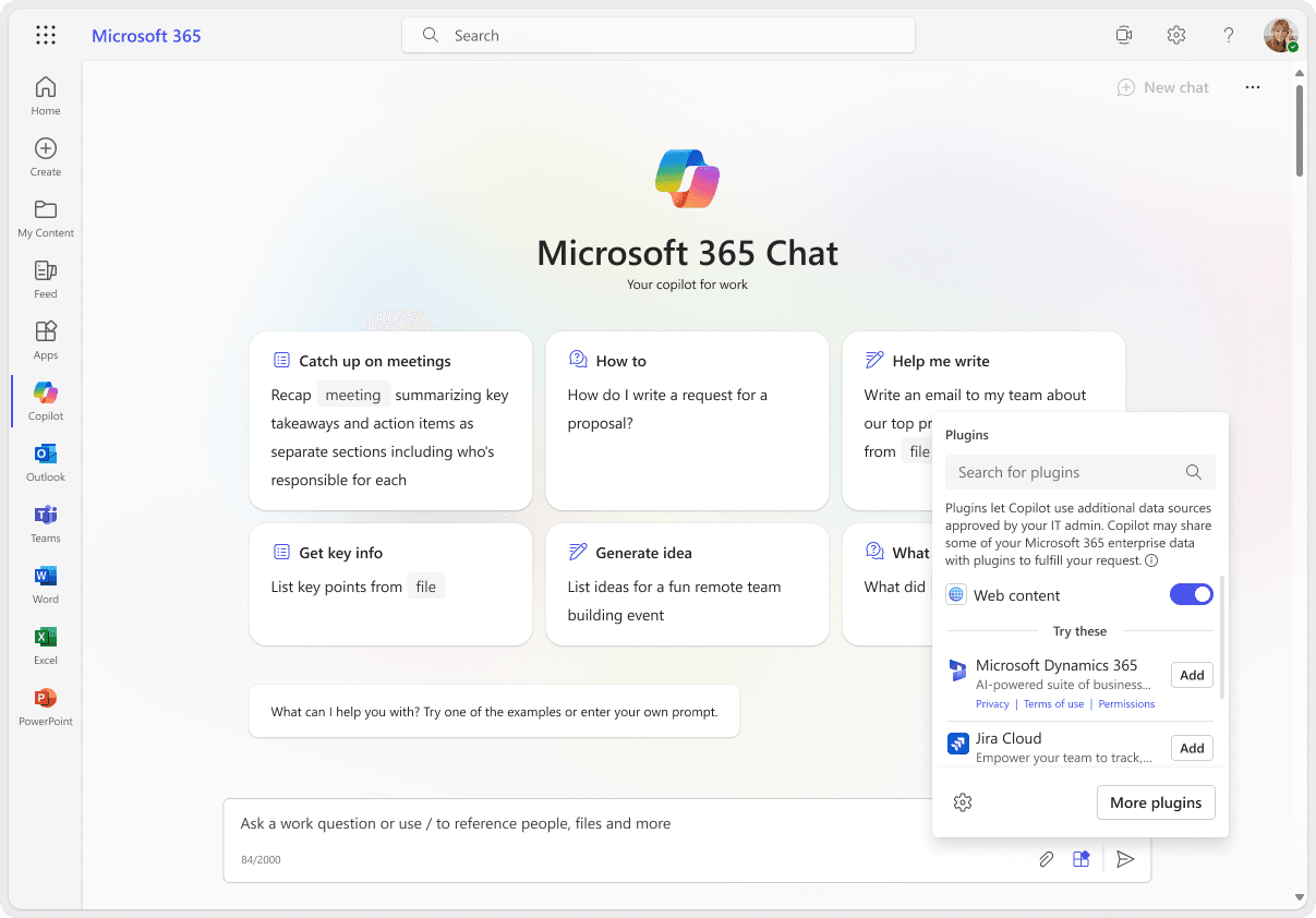 Plugin management menu for Microsoft 365 Copilot
