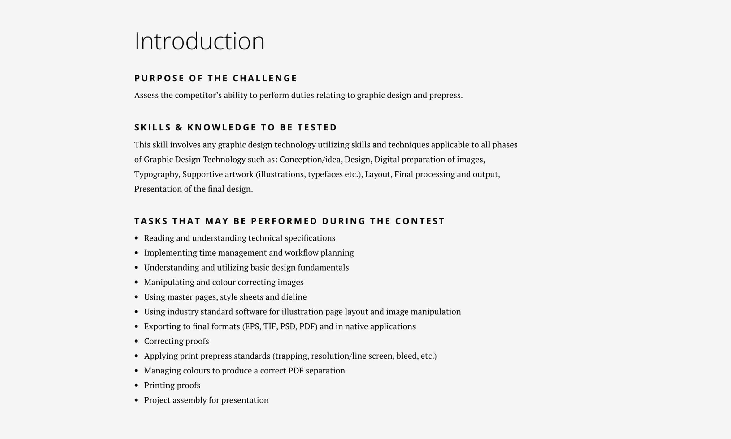 Desktop web preview. Text-heavy page showcases a variety of text formats such as single lines, paragraphs, and bulleted lists related to the skills competition.