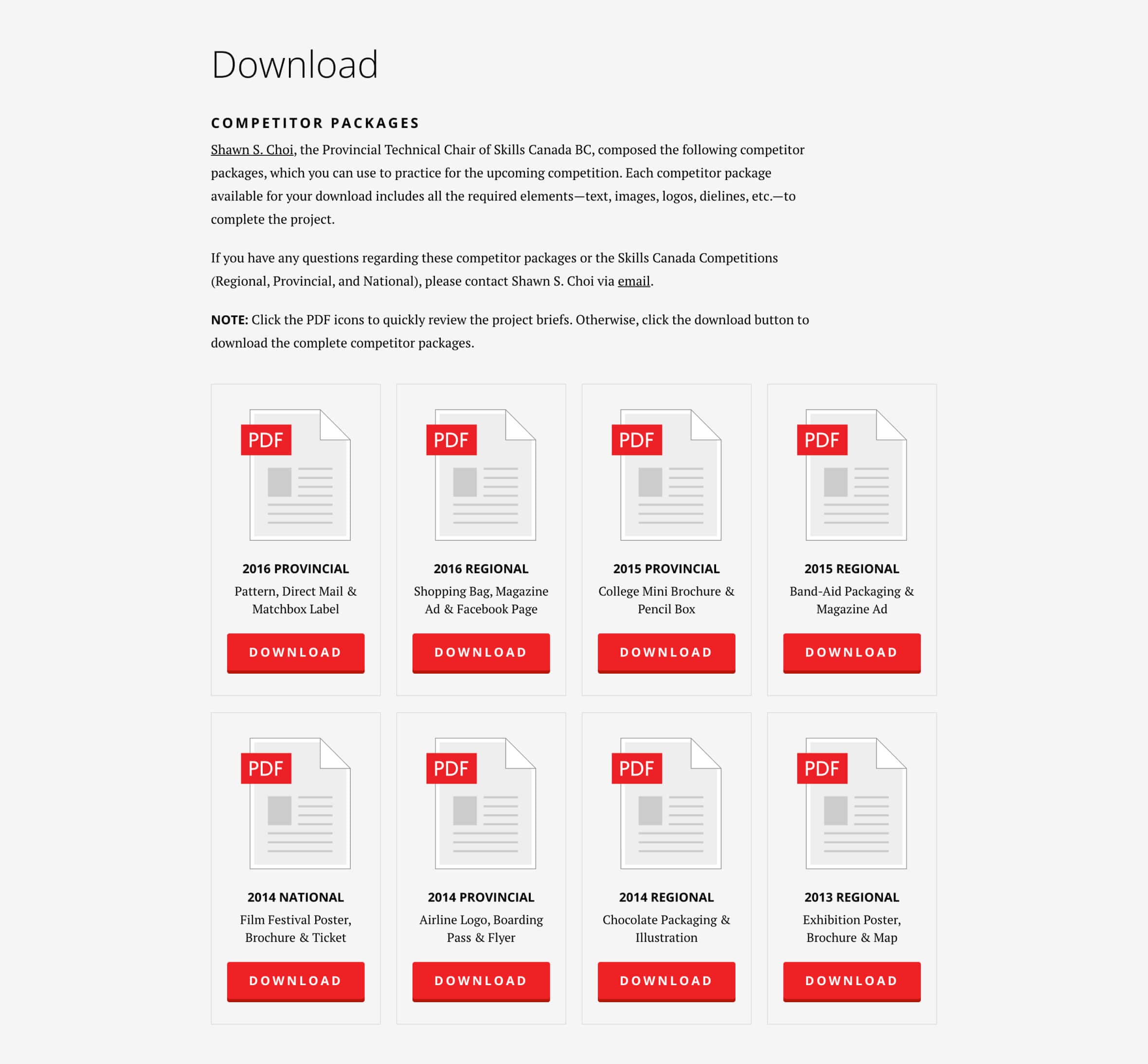 Desktop web preview. This page showcases downloadable competitor packages which competitors can save to their local desktop.