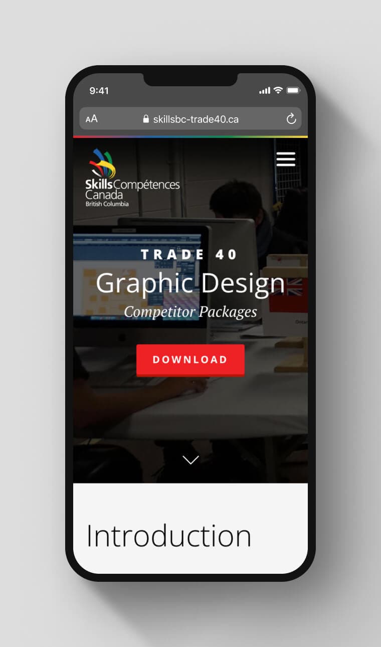 Mobile optimized preview to showcase mobile responsive design. Hero section of landing page for skills competition.