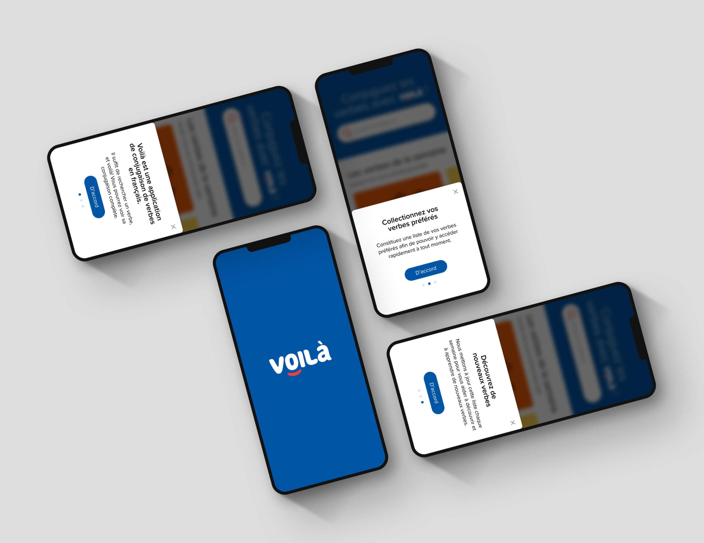 Benefits walkthrough. Four devices shown beside each other. Each device shows a unique screen from the benefits walkthrough upon launching the Voilà app for the first time.