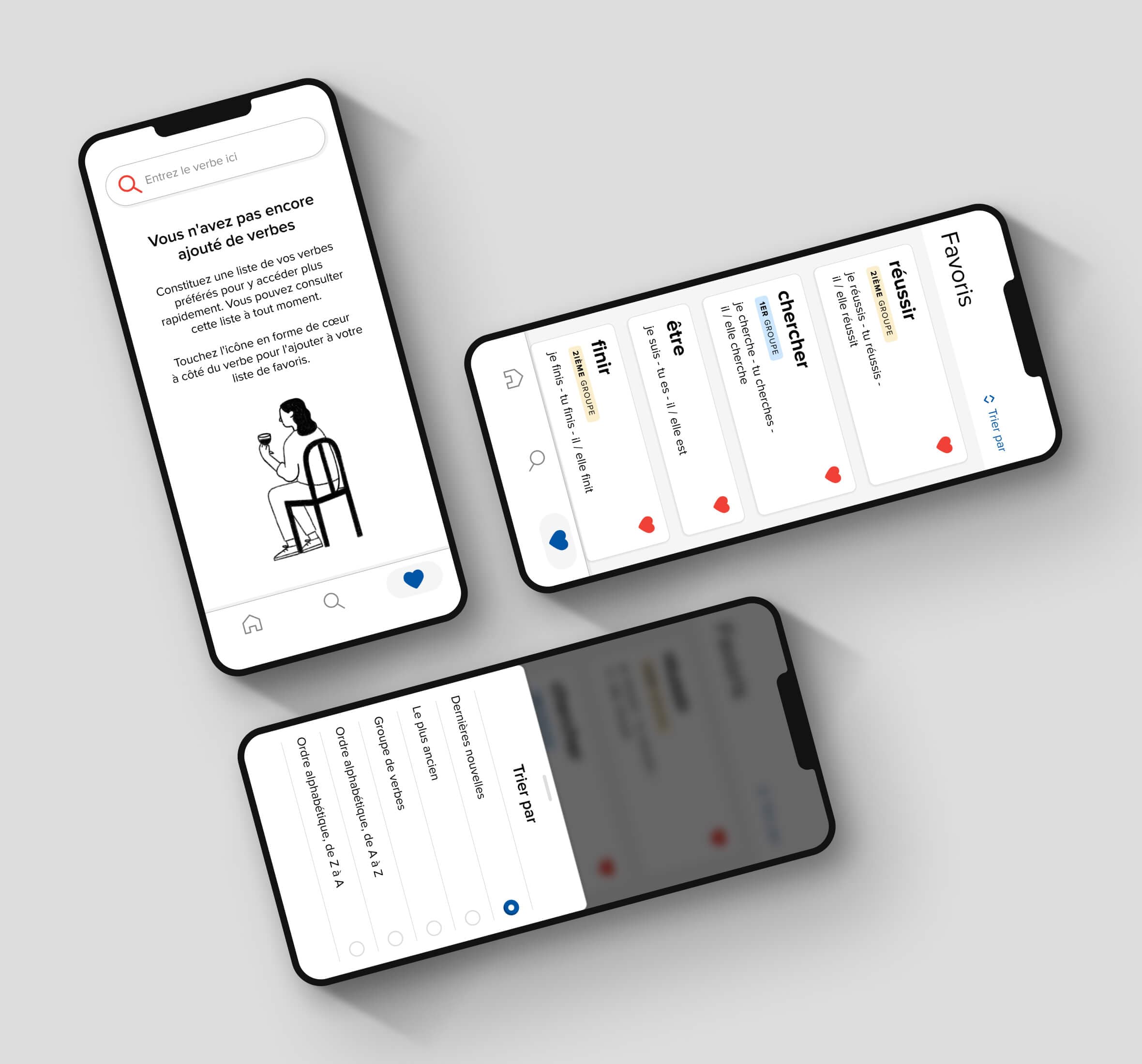 Add verbs to your list of favourites. Three devices shown beside each other. Each device shows a unique screen for when a user adds a verb to their list of favourites on the Voilà app.