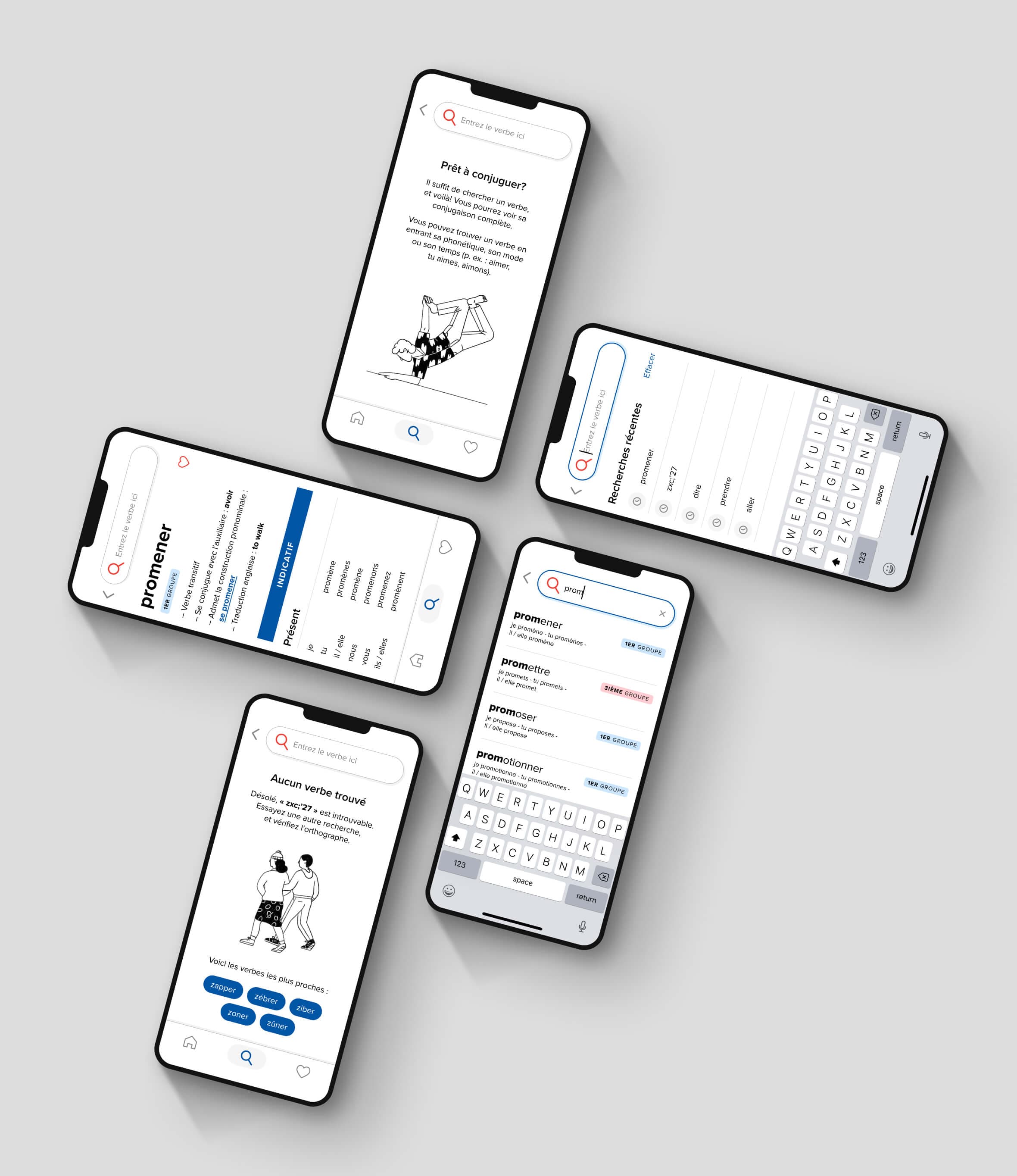 Search feature. Five devices shown beside each other. Each device shows a unique screen from the search feature of the Voilà app.