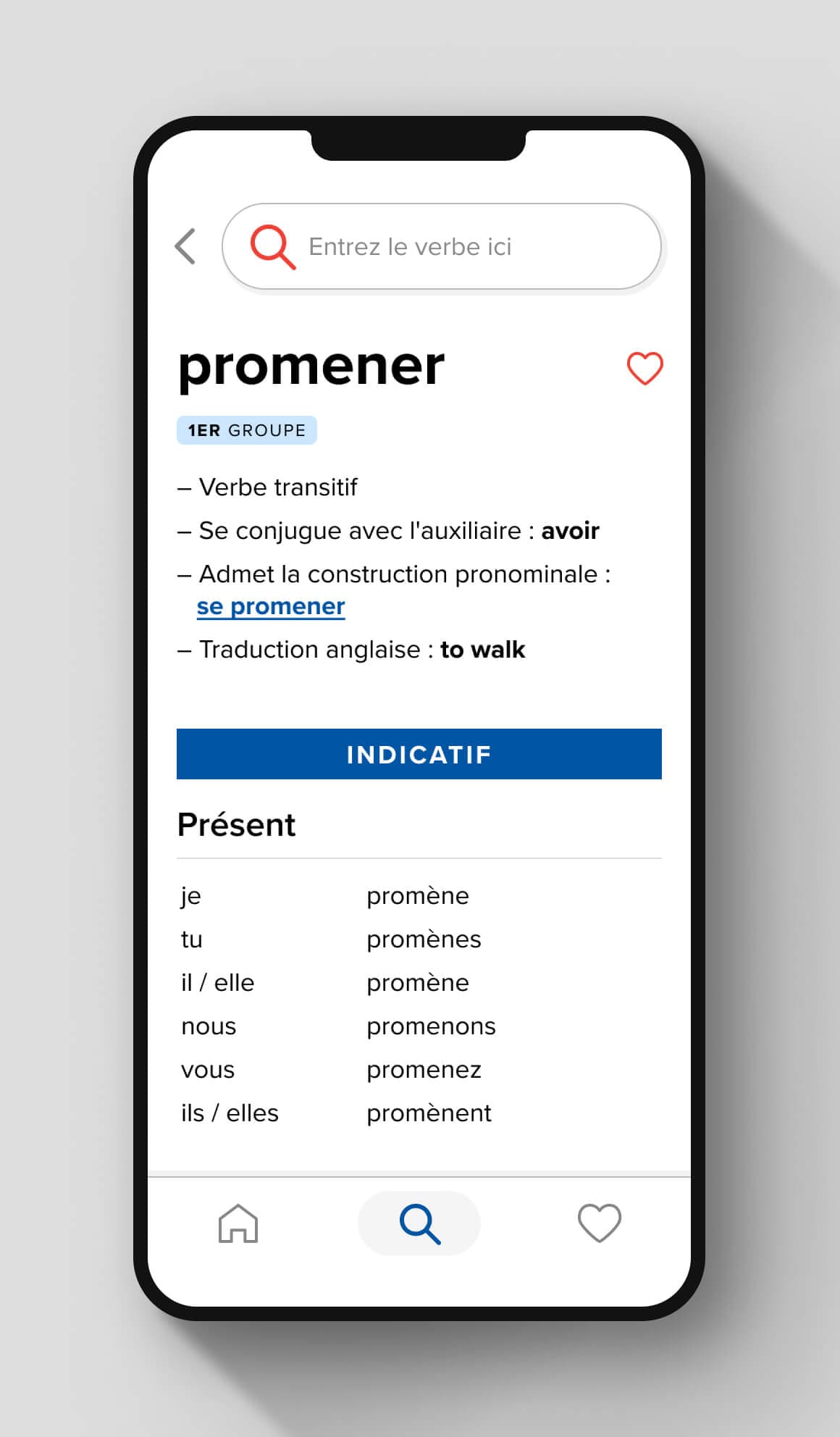 The Voilà verb page. Featured verb is to walk. The search button is selected at the bottom of the navigation bar.