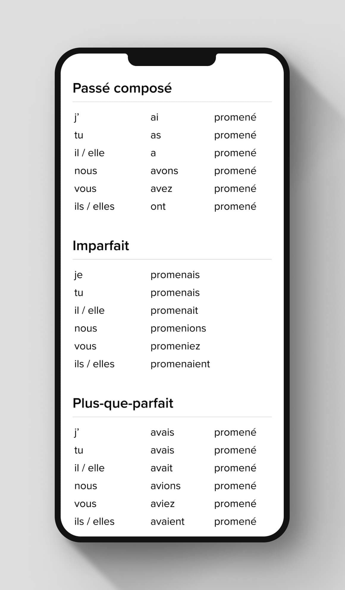 The Voilà verb page. Featured verb is to walk. Conjugations for this verb are outlined across various verb tenses.