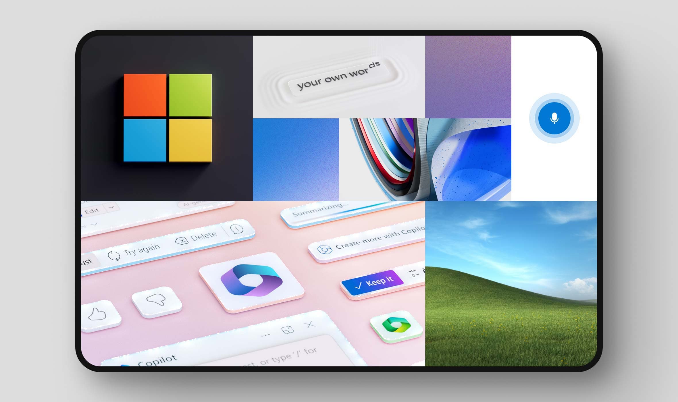 Microsoft 365 Copilot. Screenshots from the AI productivity tool and other Microsoft 365 apps displayed on a tablet device.