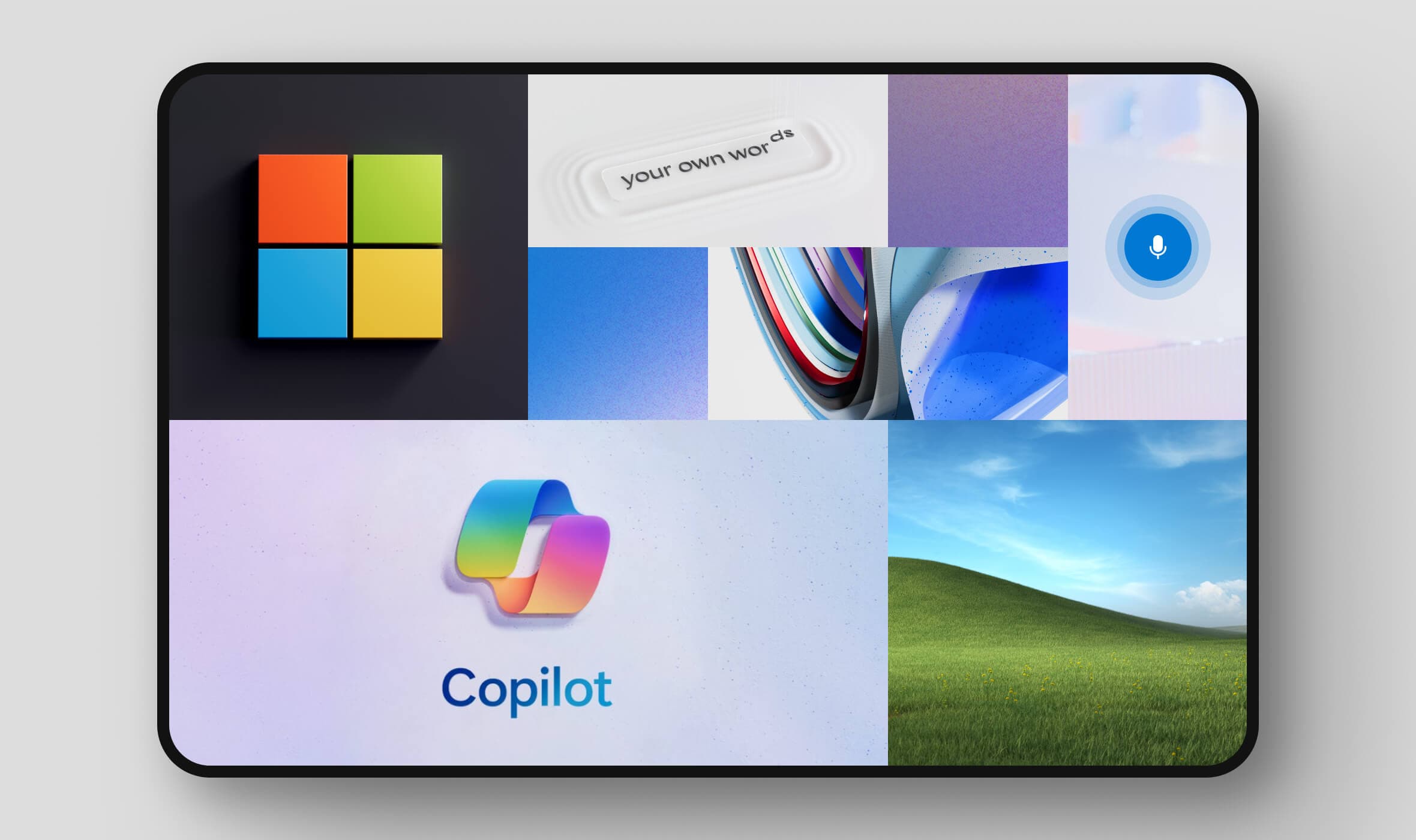 Microsoft 365 Copilot. Screenshots from the AI productivity tool and other Microsoft 365 apps displayed on a tablet device.