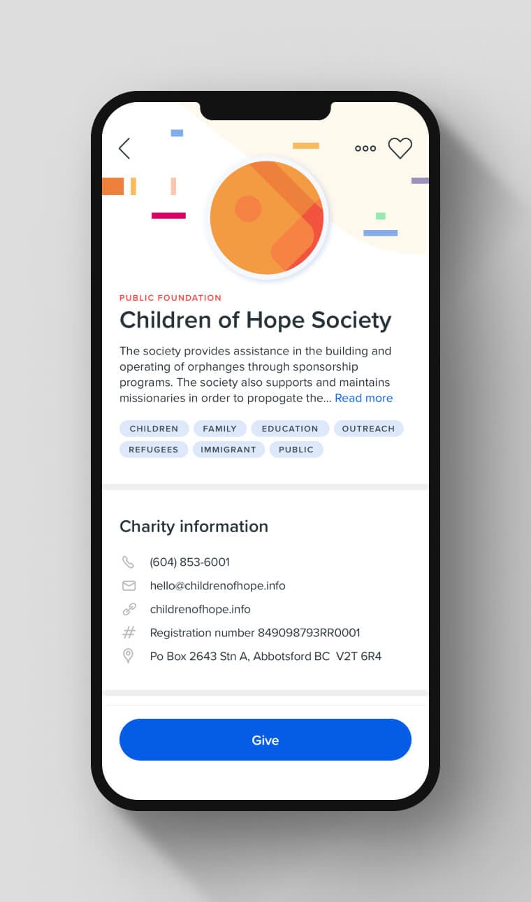Charity profiles. A charity profile with top level metadata is in focus.