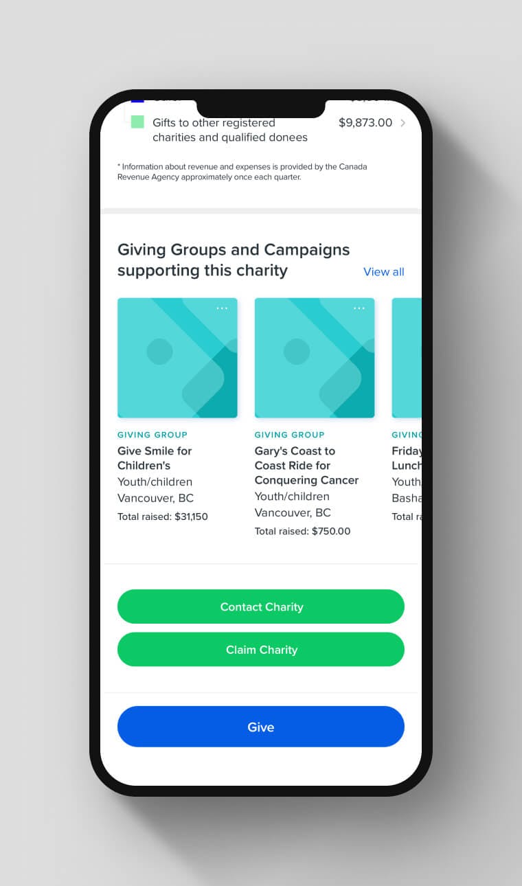 Charity profiles. A dynamic feed of Giving Groups and campaigns that support this charity is in focus.