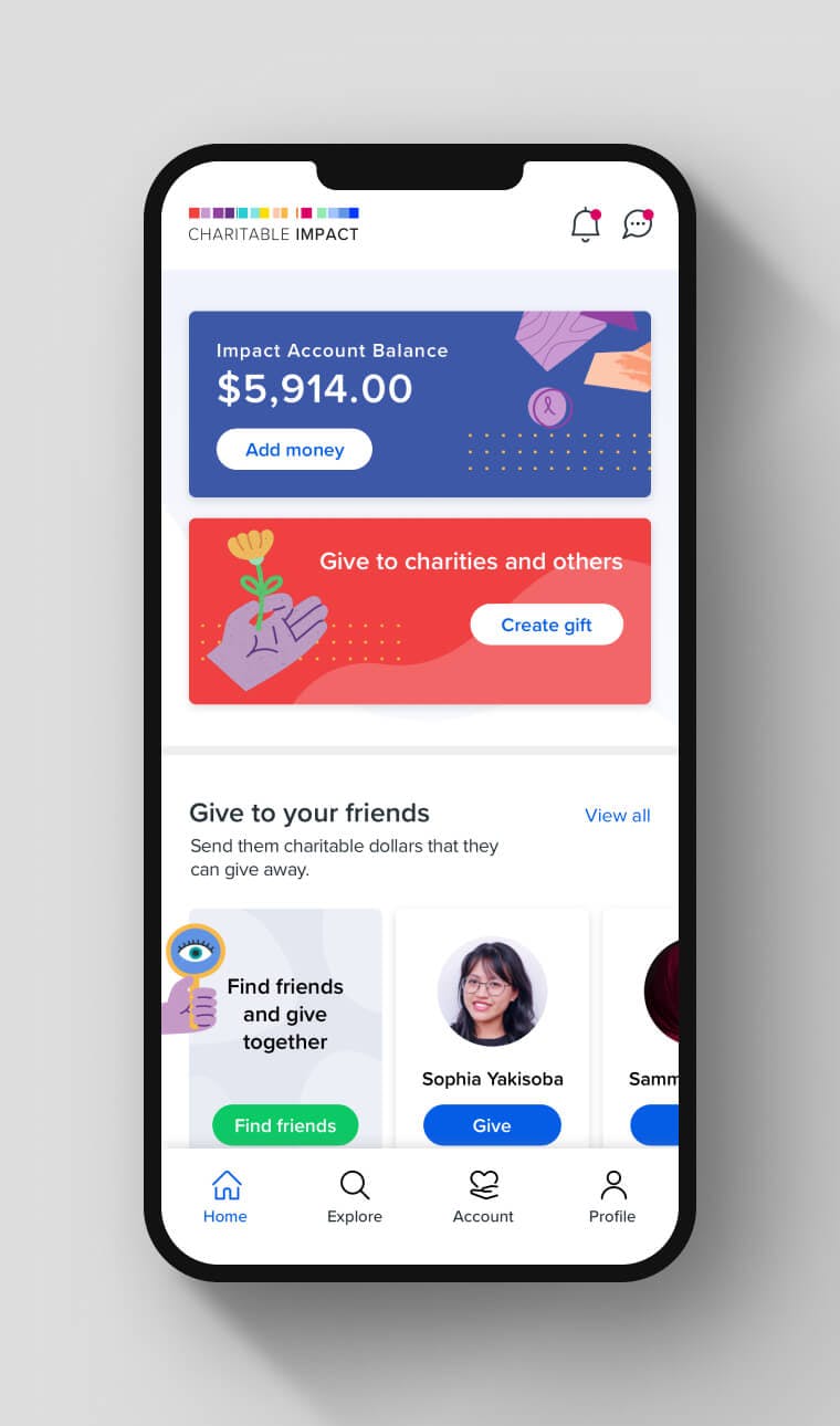 The Impact Account home screen with the Add money and Give a gift actions in focus.