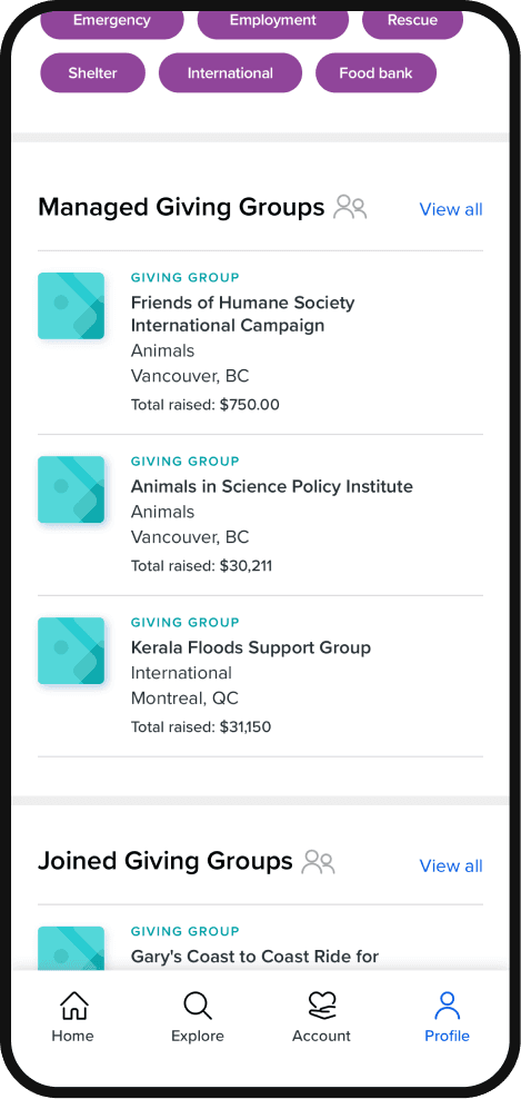 Charitable Impact profile and privacy experience