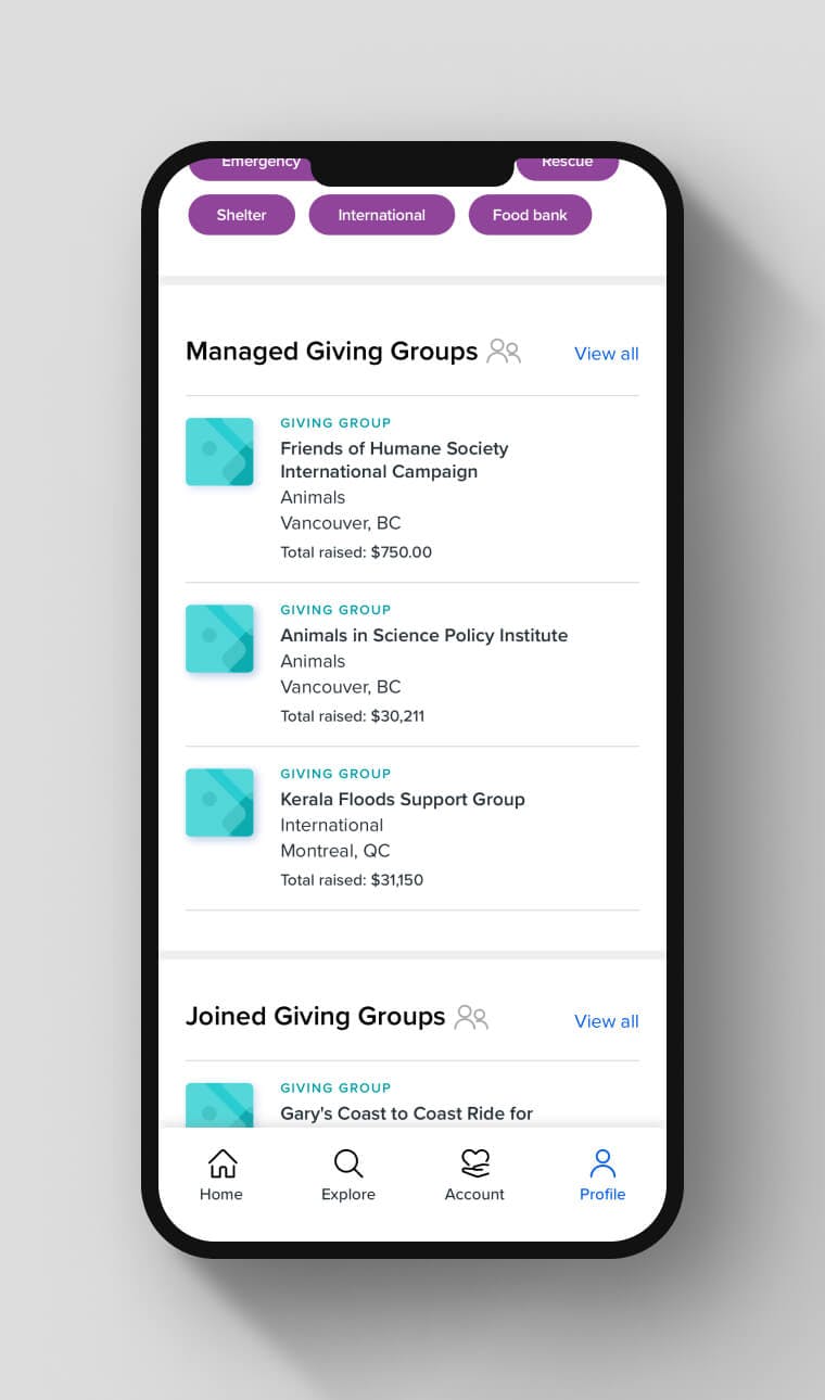 User profiles. A users profile with Giving Groups they manage is in focus.