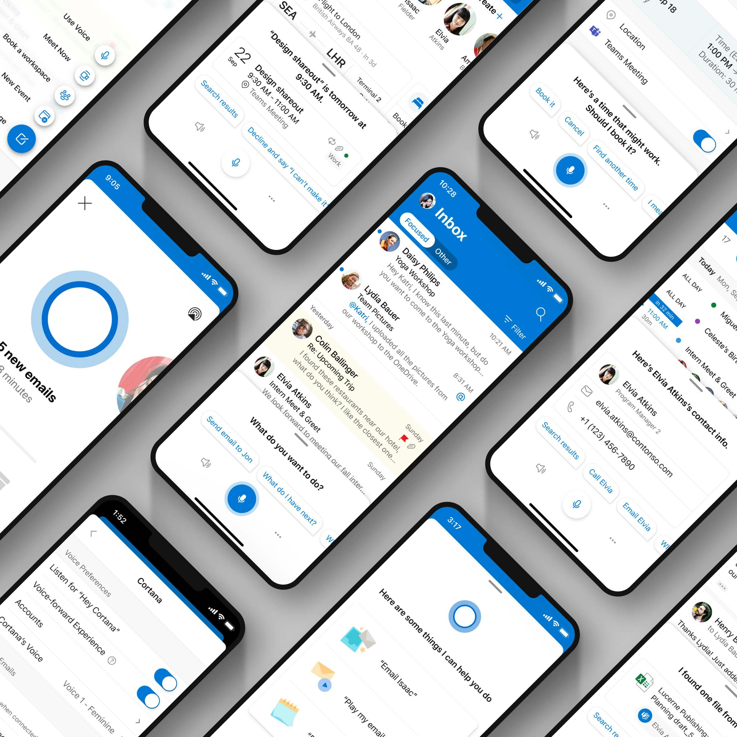 An array of devices displayed side by side, each showcasing a different feature of Cortanas integration with the Outlook Mobile app. The screens highlight the voice assistants diverse capabilities in managing both email and calendar-related tasks.