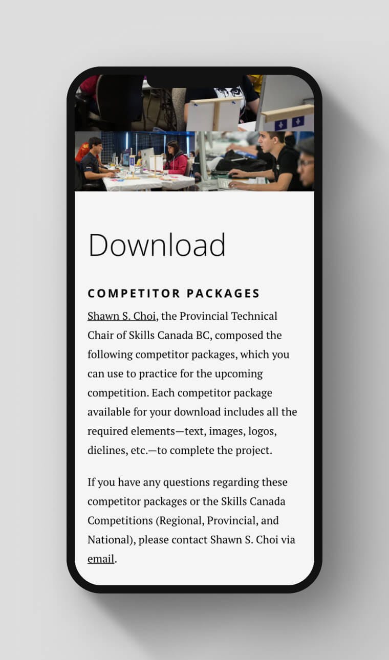 Mobile optimized preview to showcase mobile responsive design. Text-heavy page showcases a variety of text formats such as single lines, paragraphs, and bulleted lists related to the skills competition.