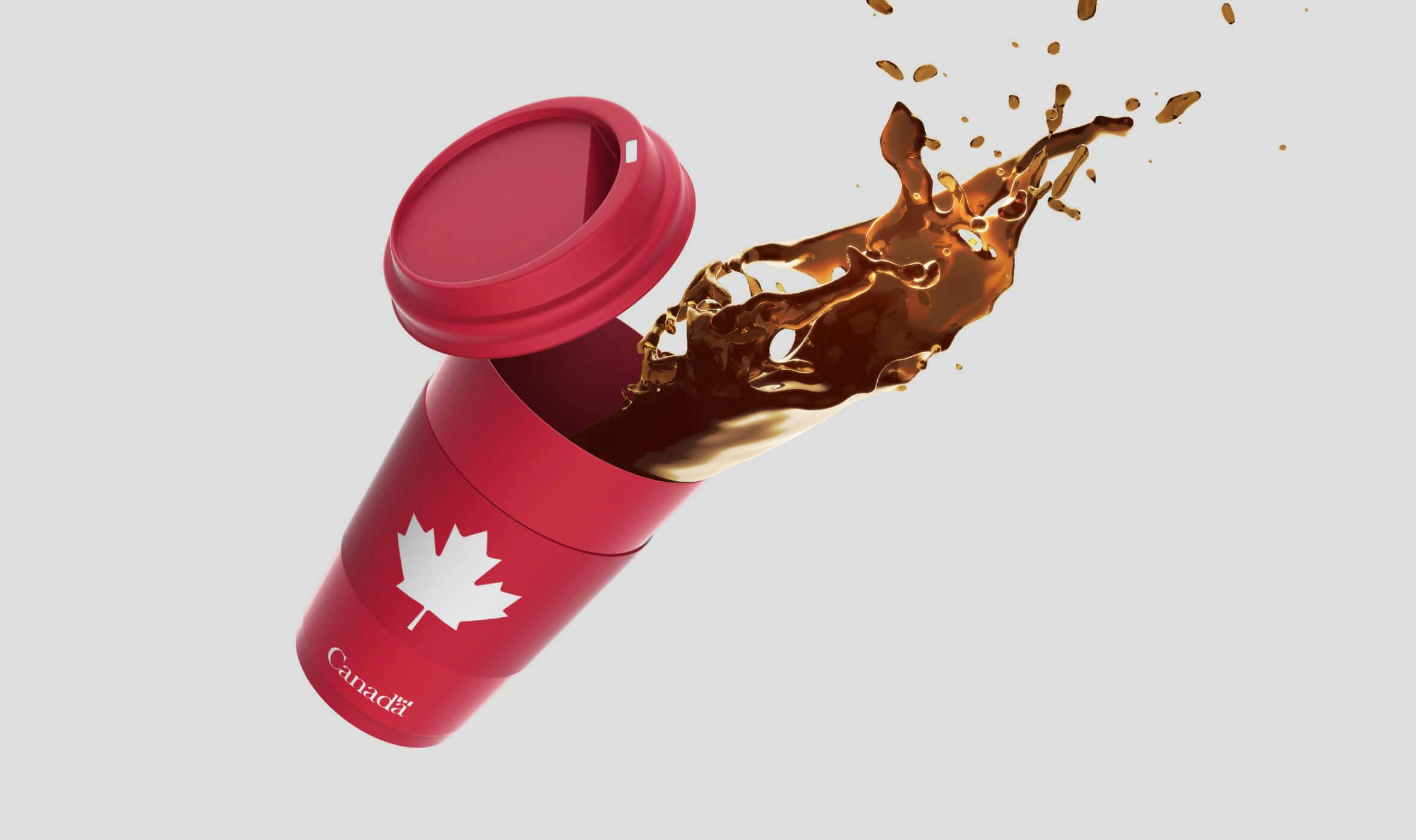 My creative playground, a miscellaneous collection of personal and experimental projects. A red tumbler donning a Canadian maple leaf icon with the Government of Canada branding is bursting open with an outpour of coffee.
